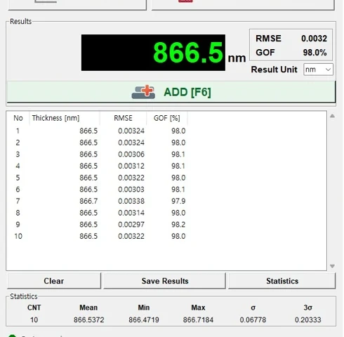 Example SiO2 same-point repeatability check table measured 10 times using a reference sample